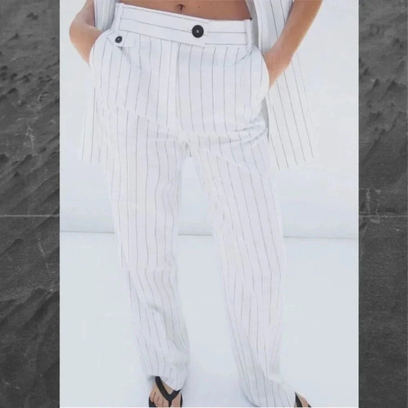 Zara Womens Bloggers Favorite Casual Stripes Linen Trouser Pants White Size XL - Picture 14 of 14